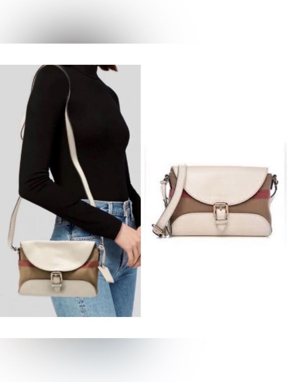 BURBERRY Henham House Check Crossbody Bag White Leather & Canvas EUC w/ COA